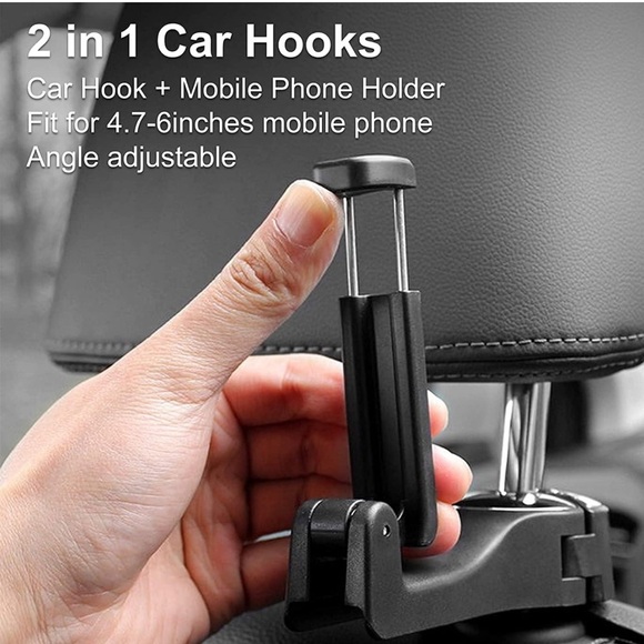 2-in-1 Car Seat Headrest Hooks with Built-in Phone Holder Black, Universal Fit - Picture 3 of 5